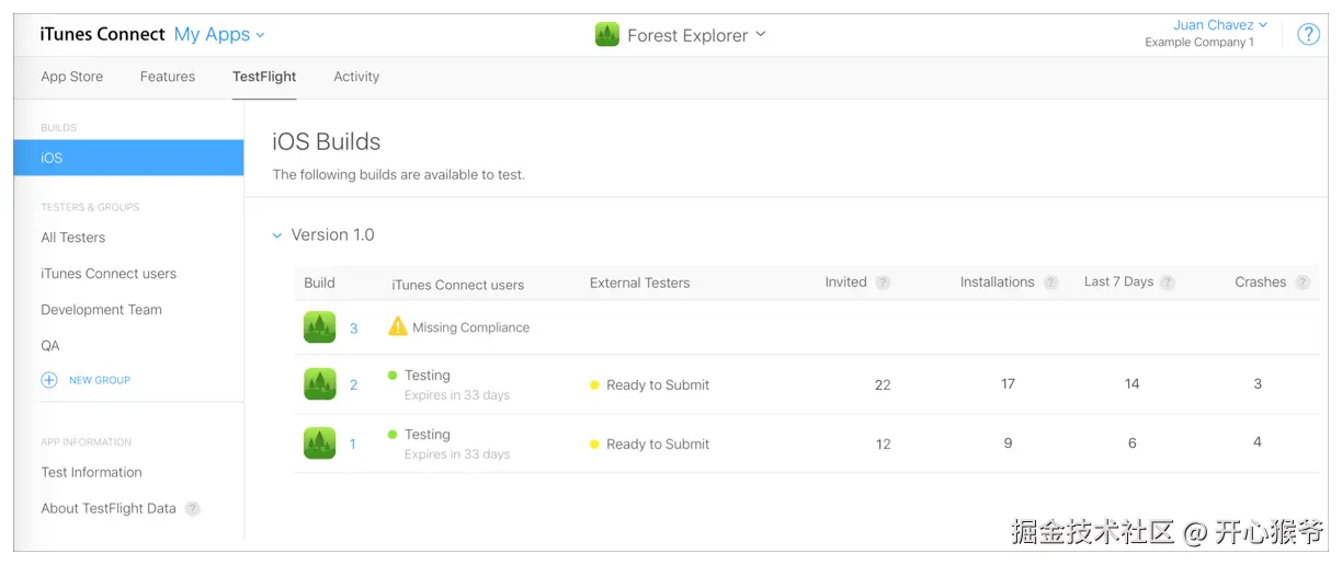 App Store Connect 截屏，其中显示了已从 Xcode 上传的构建版本。