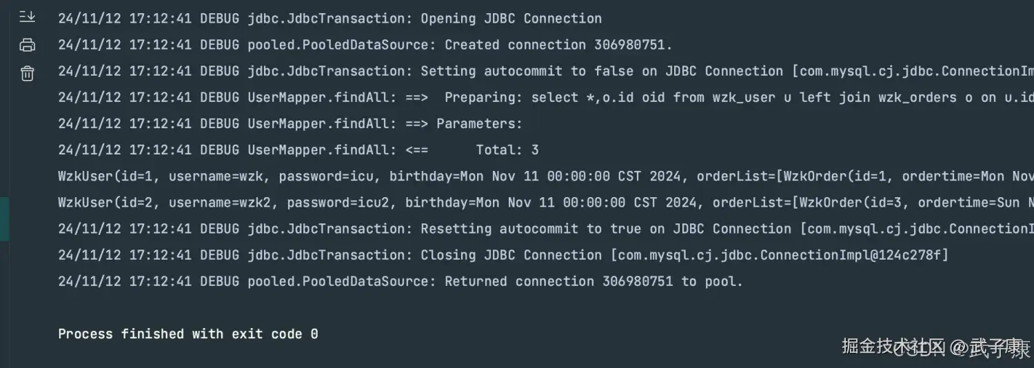 MyBatis debug log showing UserMapper.findAll results with orderList