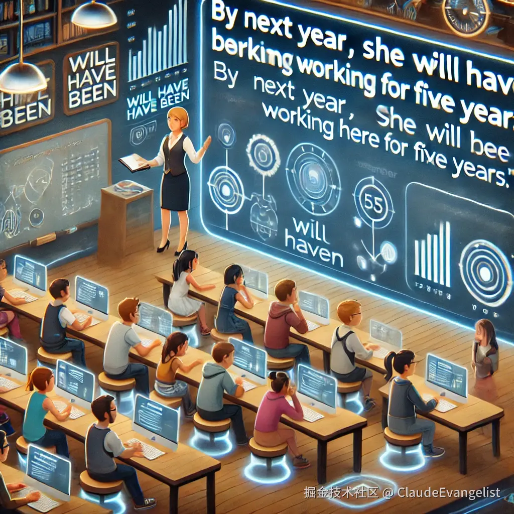DALL·E 2024-12-12 16.20.39 - An educational illustration featuring a futuristic digital classroom setting where a teacher is explaining the concept of 'will have been' on a large .webp