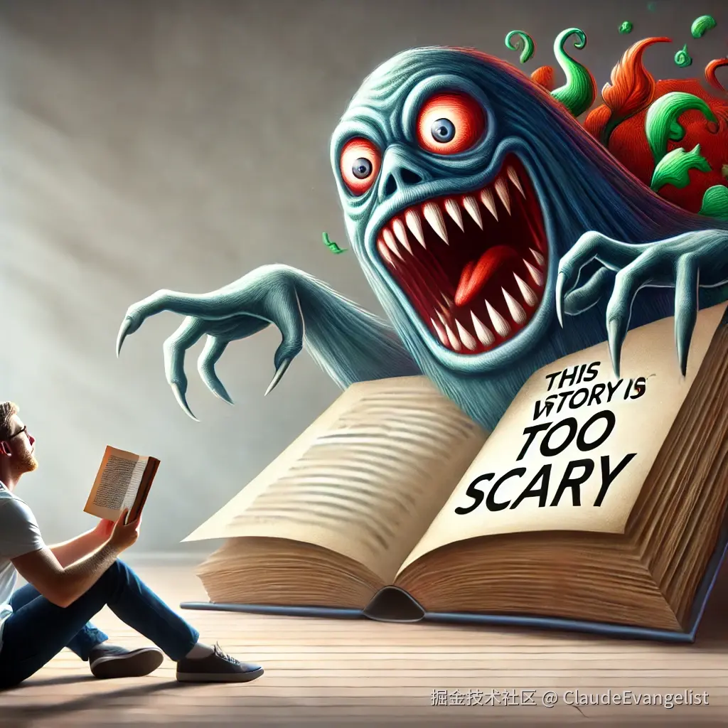 DALL·E 2024-12-27 09.53.13 - A conceptual illustration for an article explaining the use of 'way' in the sentence 'This story is way too scary.' The illustration features a person.webp