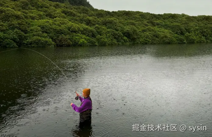 一名女子在水中飞蝇钓的照片，Pixelmator Pro 的工具去除了照片中的干扰物。