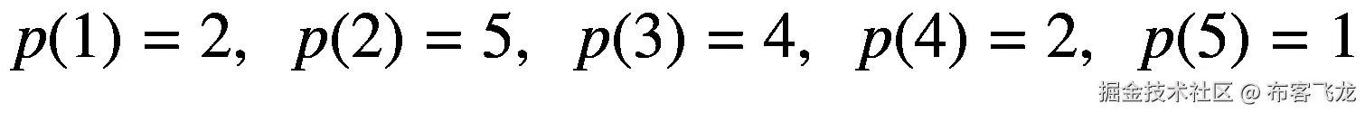 p(1)=2,\kern0.5em p(2)=5,\kern0.5em p(3)=4,\kern0.5em p(4)=2,\kern0.5em p(5)=1