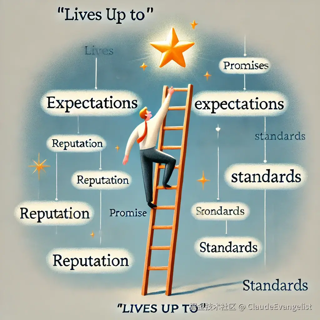DALL·E 2024-12-24 08.59.13 - An engaging educational illustration explaining the English idiom 'lives up to,' featuring a visual metaphor_ a person climbing a ladder labeled 'expe.webp