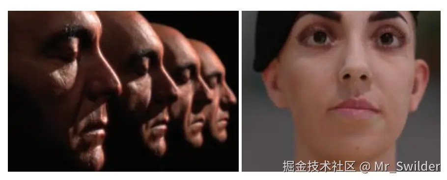 图14.44：高质量渲染的扫描人脸模型。屏幕空间中的次表面散射可以在单个后处理中，对多个角色进行处理，渲染逼真的人体皮肤材质。 [831]