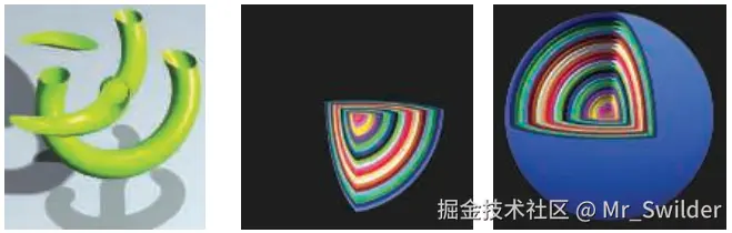 图3.14：用户自定义的裁剪平面。左侧：使用单个水平裁剪平面对物体进行了切割。中间：嵌套的球体被三个平面所裁剪。右侧：只有位于全部三个裁剪平面之外的球体表面才会被裁剪掉。 [218]