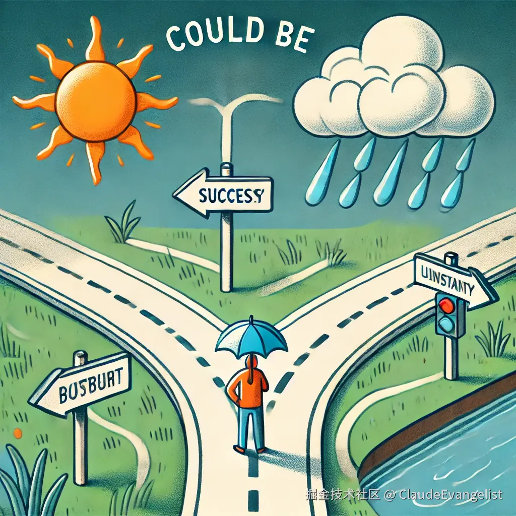 DALL·E 2024-10-23 21.53.57 - An illustration that visually represents the concept of 'could be' in English grammar. The image shows two branching paths leading to different possib.webp