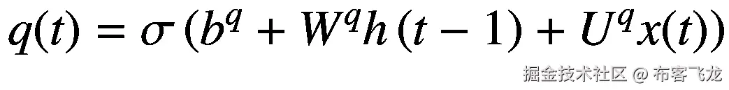 q(t)=\sigma \left({b}^q+{W}^qh\left(t-1\right)+{U}^qx(t)\right)