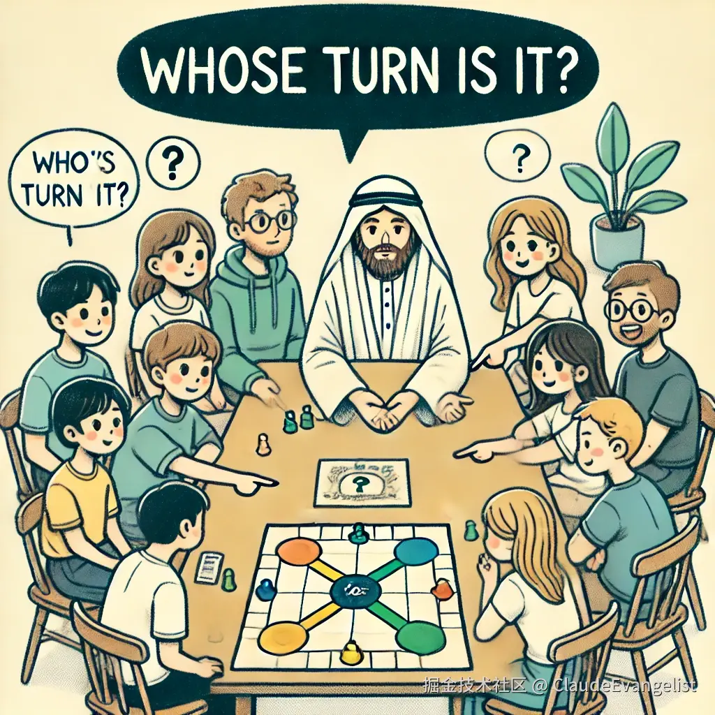 DALL·E 2024-12-14 21.10.04 - A simple and clear illustration showing a group of people playing a board game, with one person asking 'Whose turn is it_' and others pointing to the .webp