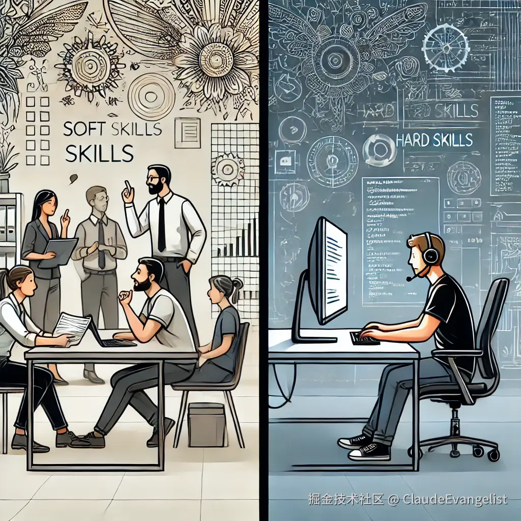 DALL·E 2024-10-15 21.38.17 - An illustration showing two contrasting work styles_ on one side, a person engaged in deep communication with colleagues, symbolizing soft skills, and.webp