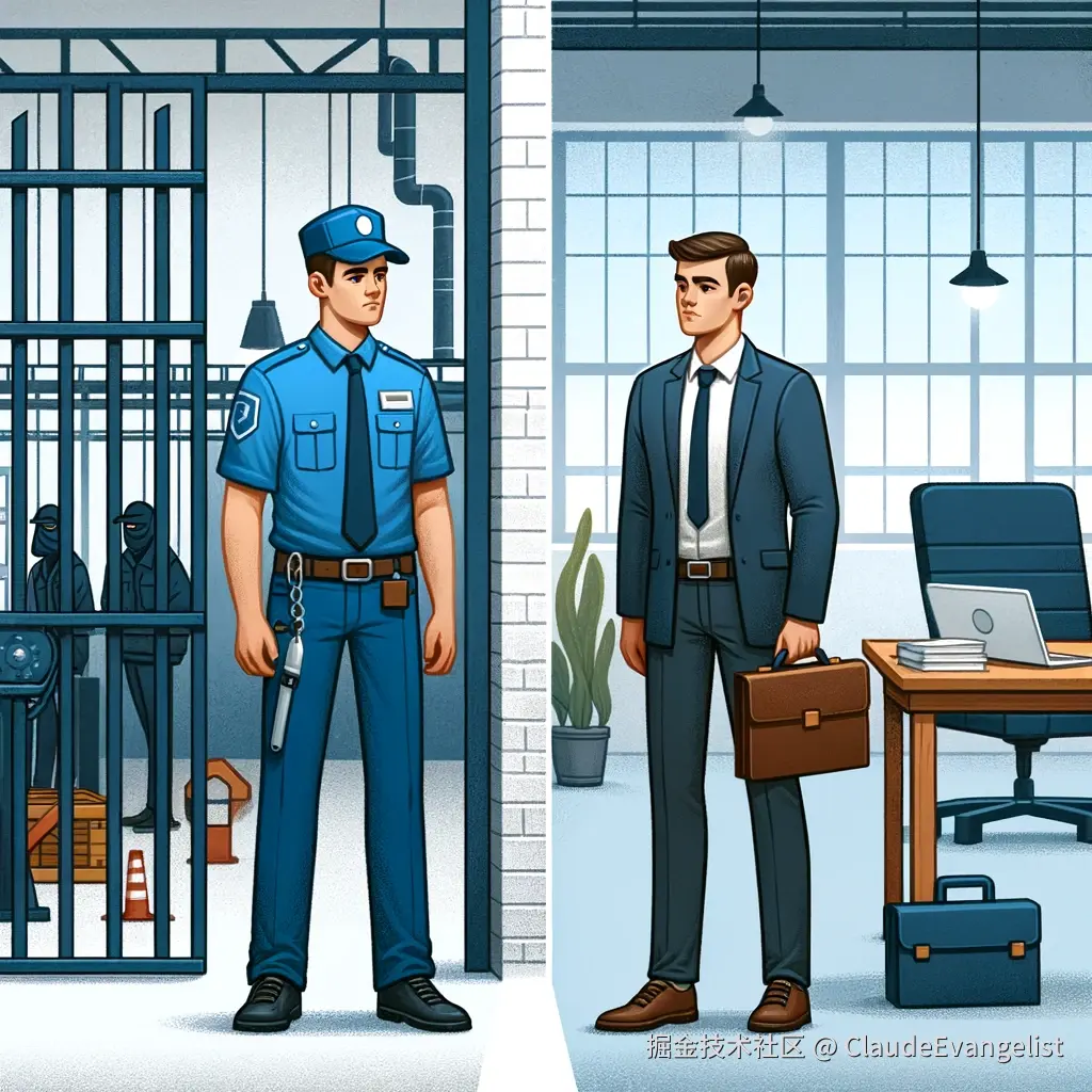DALL·E 2024-11-10 20.08.29 - Illustration showing a young man transitioning from a blue-collar worker, wearing a uniform as a security guard or factory worker, to a white-collar p.webp
