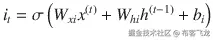 {i}_t=\sigma \left({W}_{xi}{x}^{(t)}+{W}_{hi}{h}^{\left(t-1\right)}+{b}_i\right)