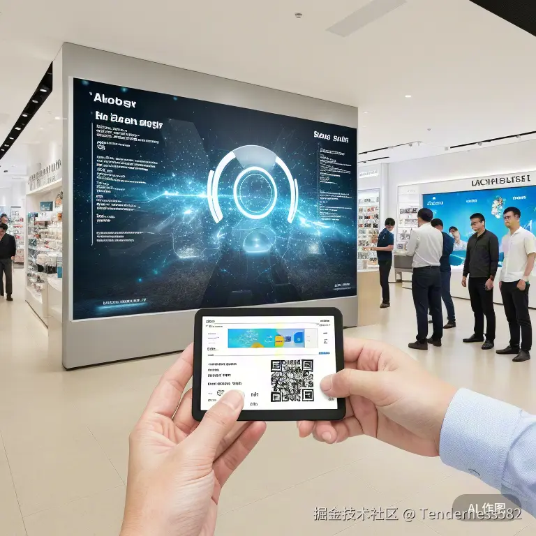 一家零售店顾客扫描二维码获取定制优惠，背景是AI系统实时更新促销信息