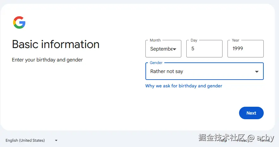 谷歌账号注册基本信息填写