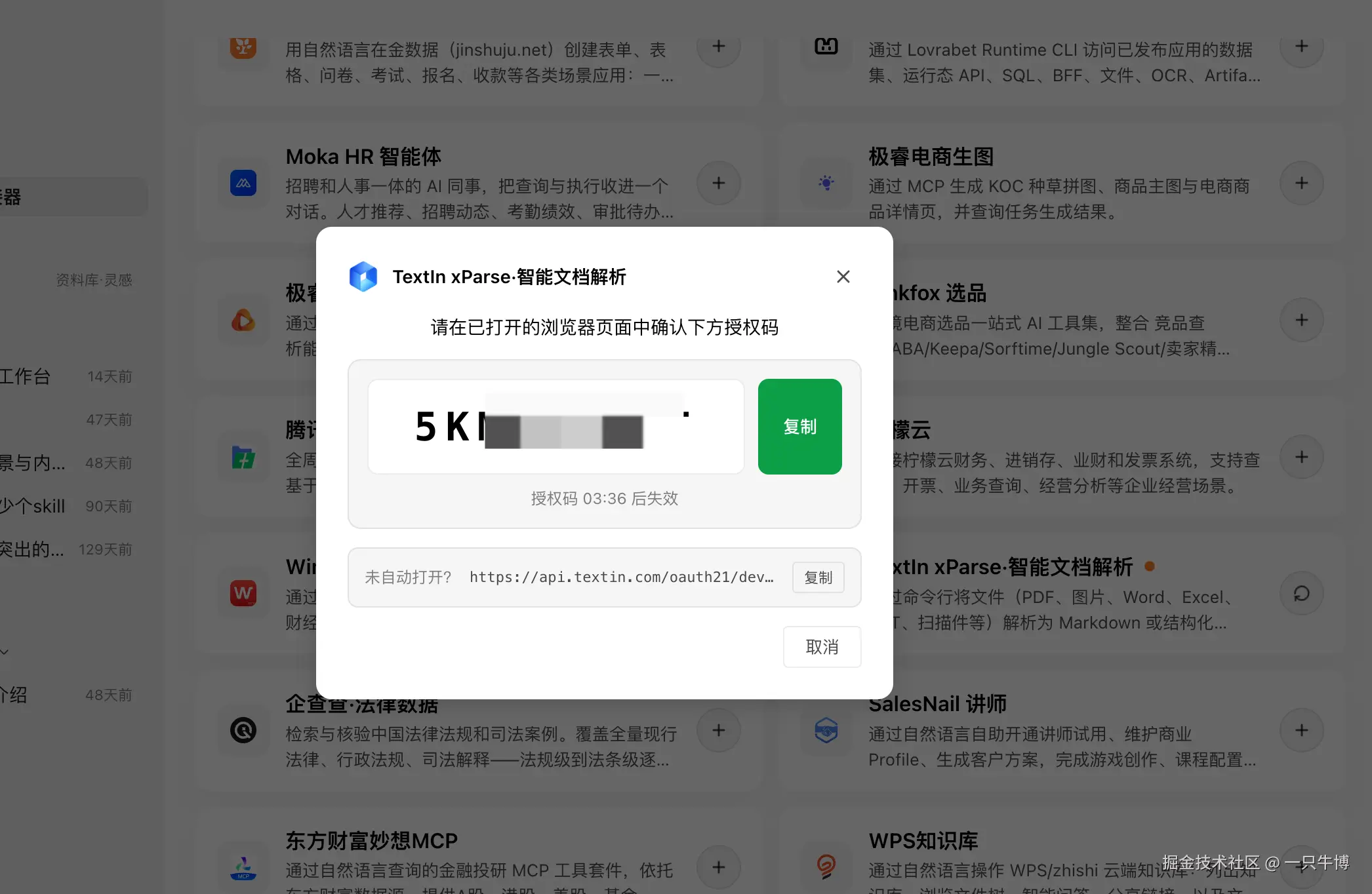 TextIn xParse Authorization Code Popup