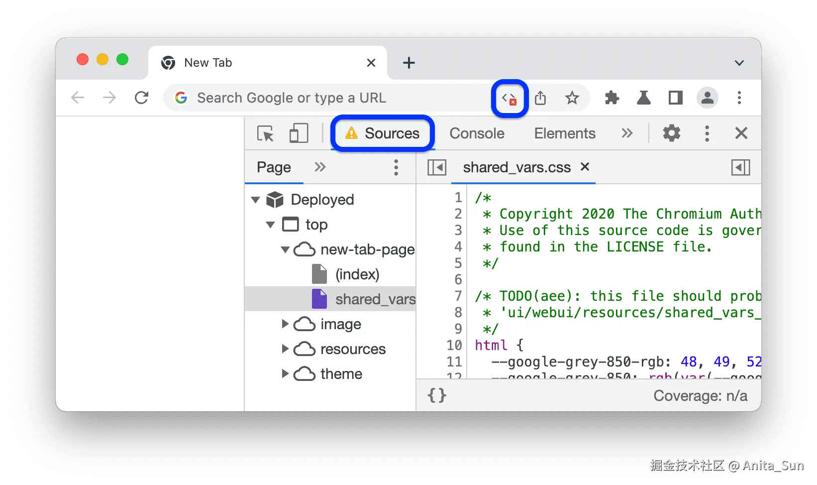 地址栏中的图标，以及开发者工具中的“Sources”旁边的警告图标。