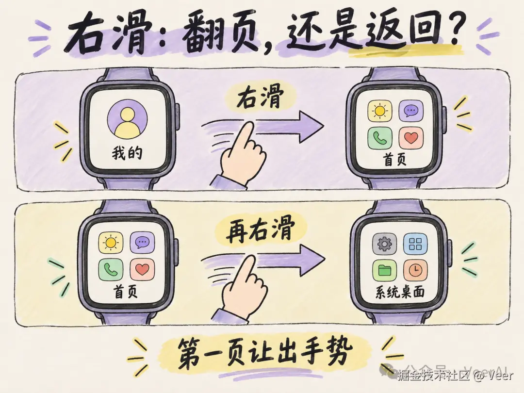 右滑翻页与系统返回的边界，手绘示意