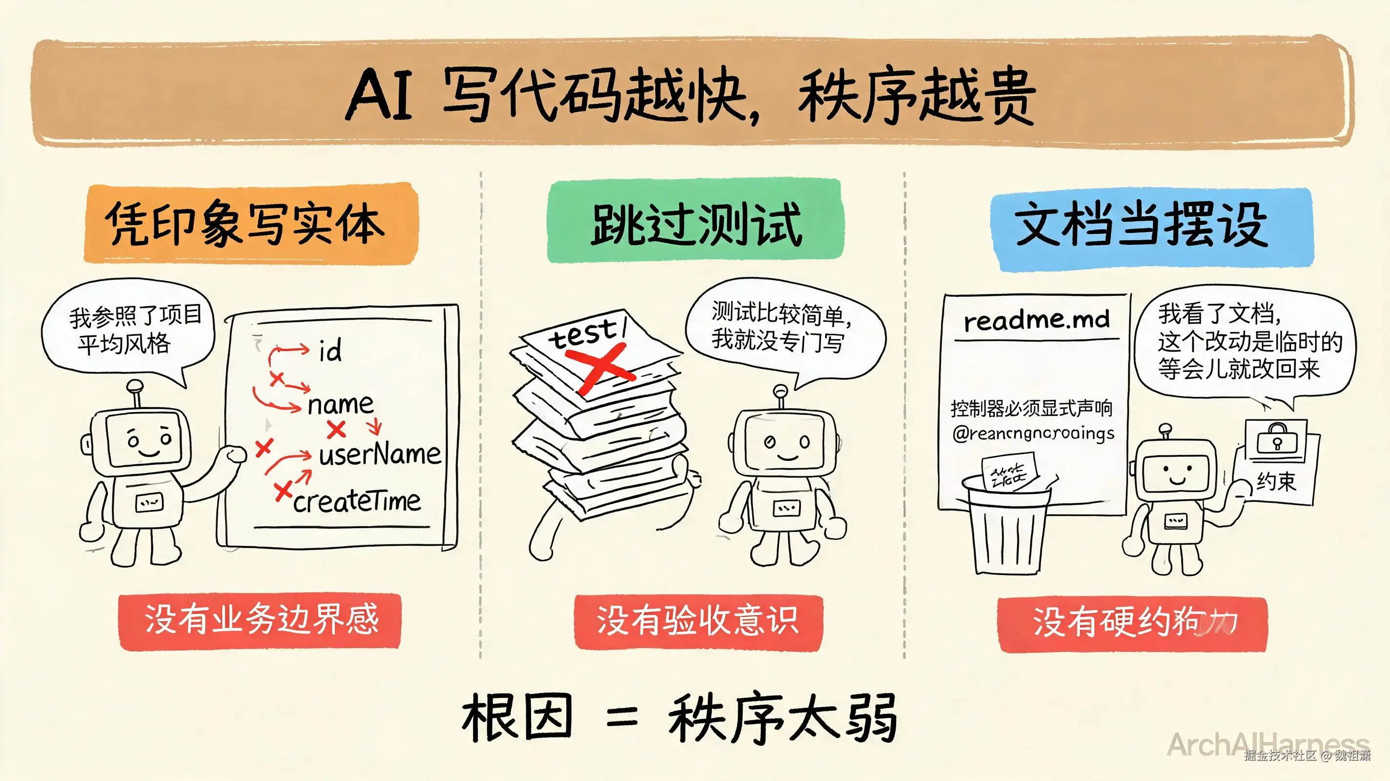 三个失控现场：凭印象写实体 / 跳过测试 / 文档当摆设