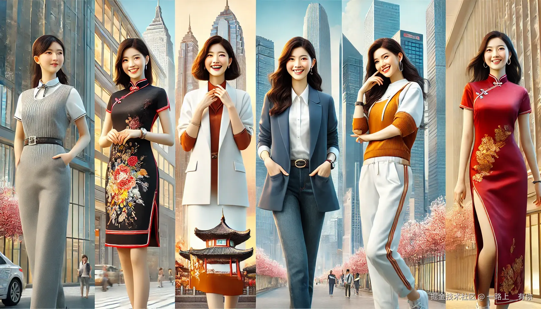 DALL·E 2024-09-30 14.25.20 - A wide scene featuring four modern Chinese women, each showcasing unique styles and personalities. The first woman wears a chic business suit, exuding.webp
