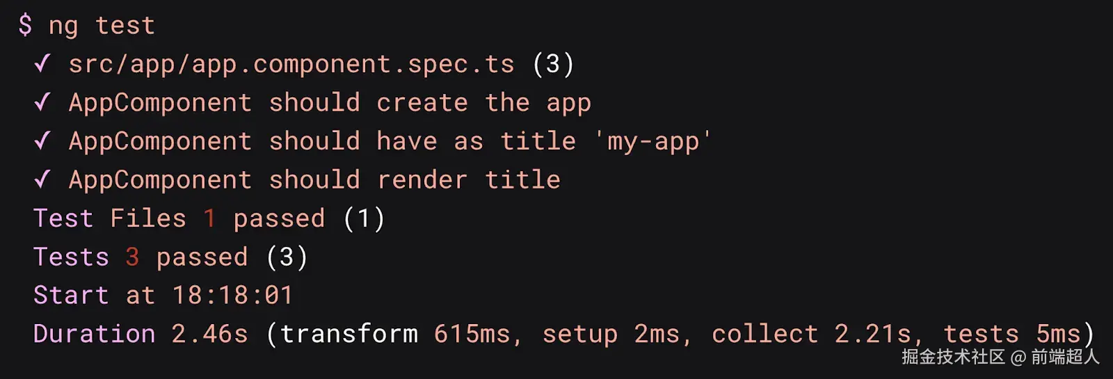 Vitest 在 Angular 中的示例终端输出