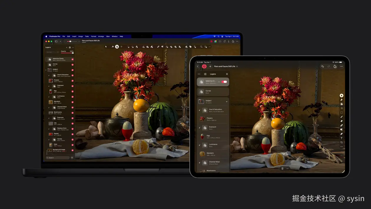 16 英寸 MacBook Pro 和 13 英寸 iPad Pro 屏幕均显示 Pixelmator Pro 中的一张花卉静态写生画，图层工具包位于屏幕左侧。