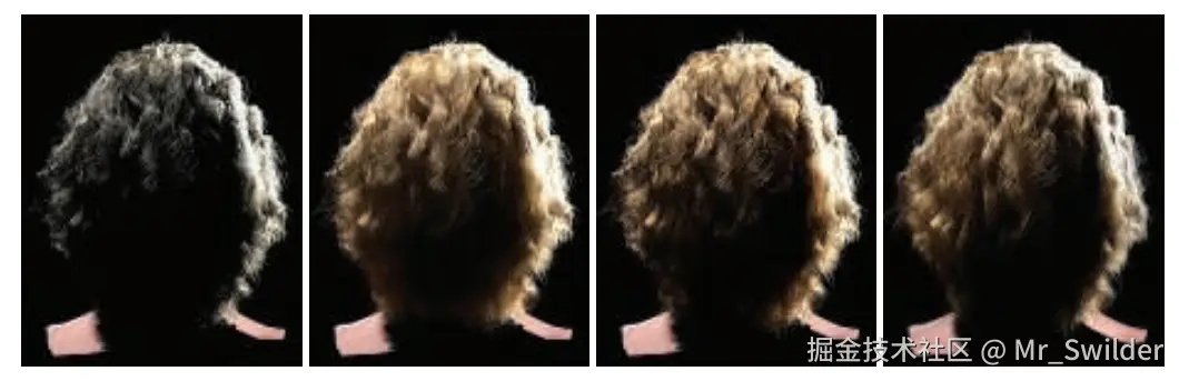 图14.51：前两幅图像是使用路径追踪进行渲染的毛发，来作为三个毛发散射分量（ R ， TT ， TRT ）的参考，第二幅图像还添加了多重散射效果。最后两幅图像展示了使用双重散射近似的渲染结果：第三幅是路径跟踪的渲染结果，第四幅是在GPU上的实时渲染结果。 [1953]