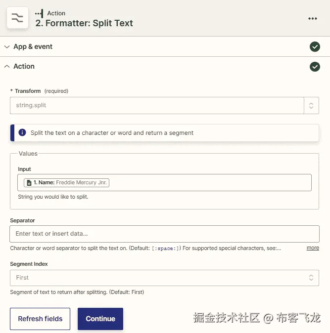 图 22.4 – ﻿使用 Formatter by Zapier 的 Split 转换选项的 Text 动作事件概述以拆分掉名字的第一部分