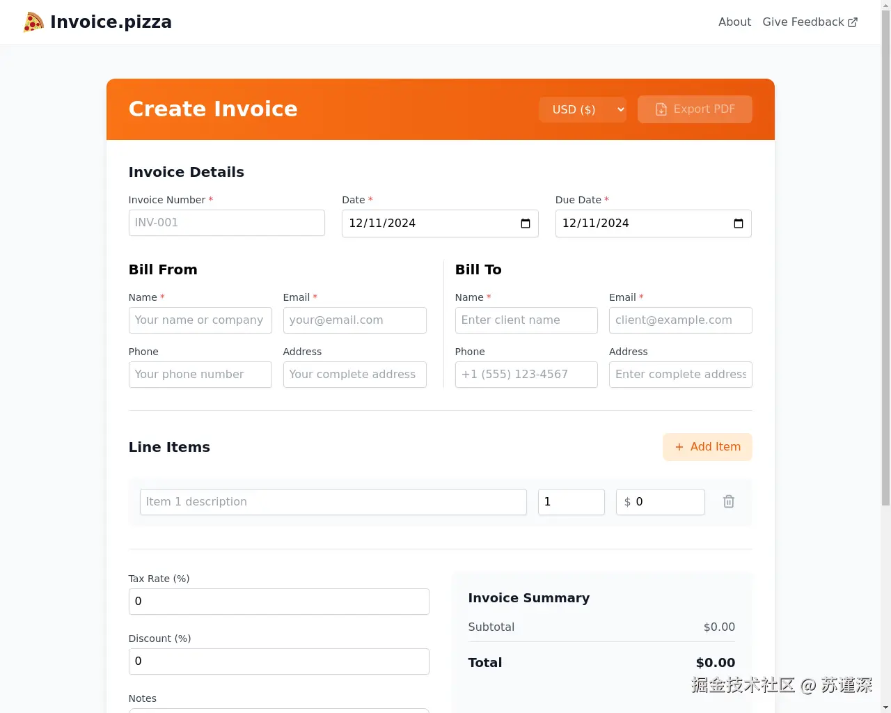 Show HN: Invoice.pizza – 发票创建轻松愉快 - 项目截图