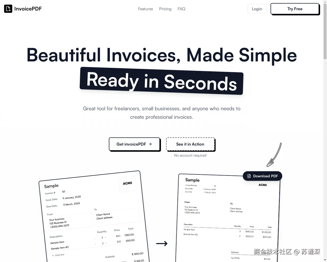 Show HN: 我开发了一个简单的应用程序，用于生成PDF发票。 - 项目截图