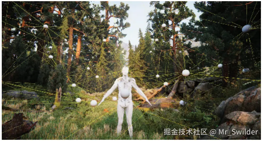 图11.30：Unity引擎使用了一个四面体网格，来从一组探针中插值出光照信息。
