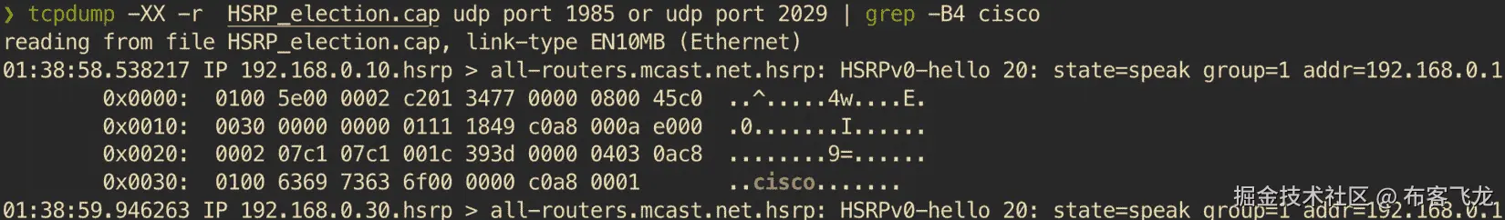 图 6.11 - 使用 tcpdump 命令显示 HSRP 凭据的输出