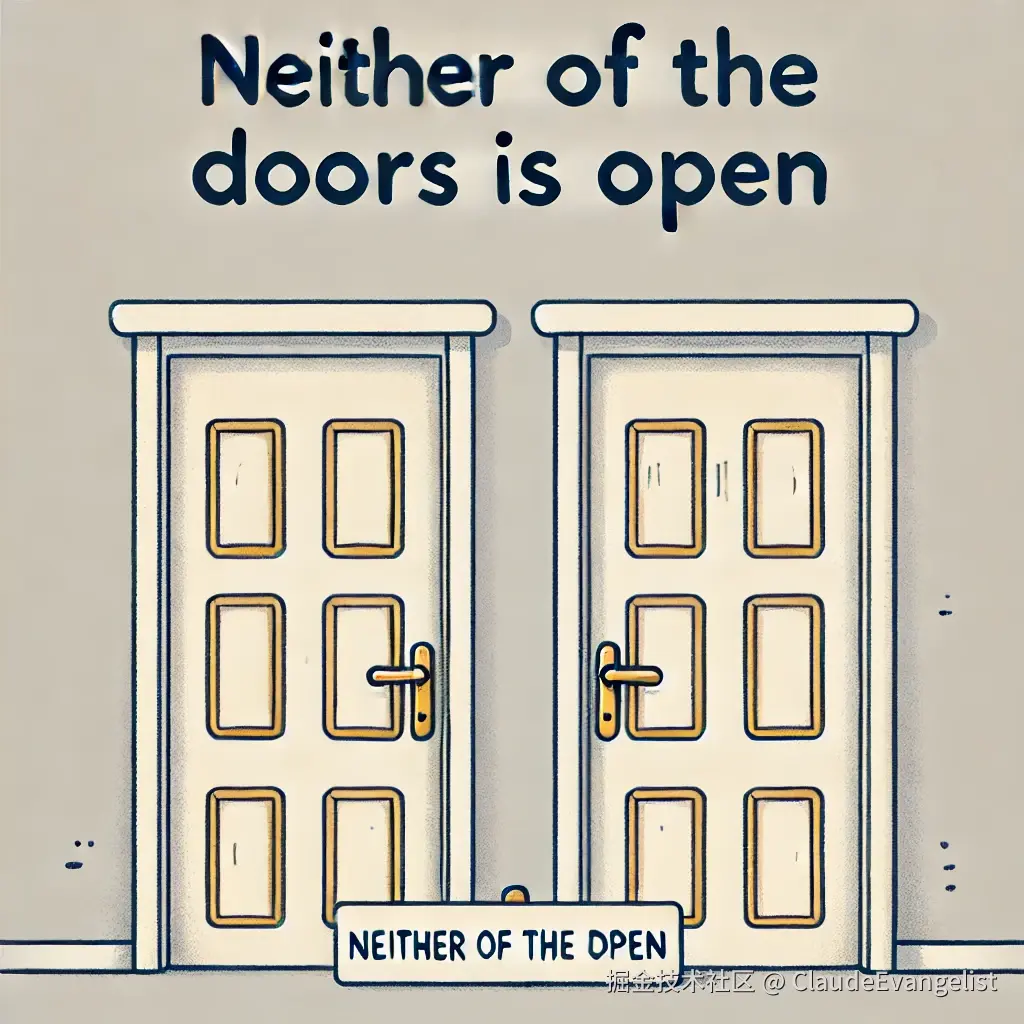 DALL·E 2024-10-20 22.30.42 - An illustration showing two closed doors side by side, with a 'Neither of the doors is open' sign in front. The background is simple and plain, emphas.webp