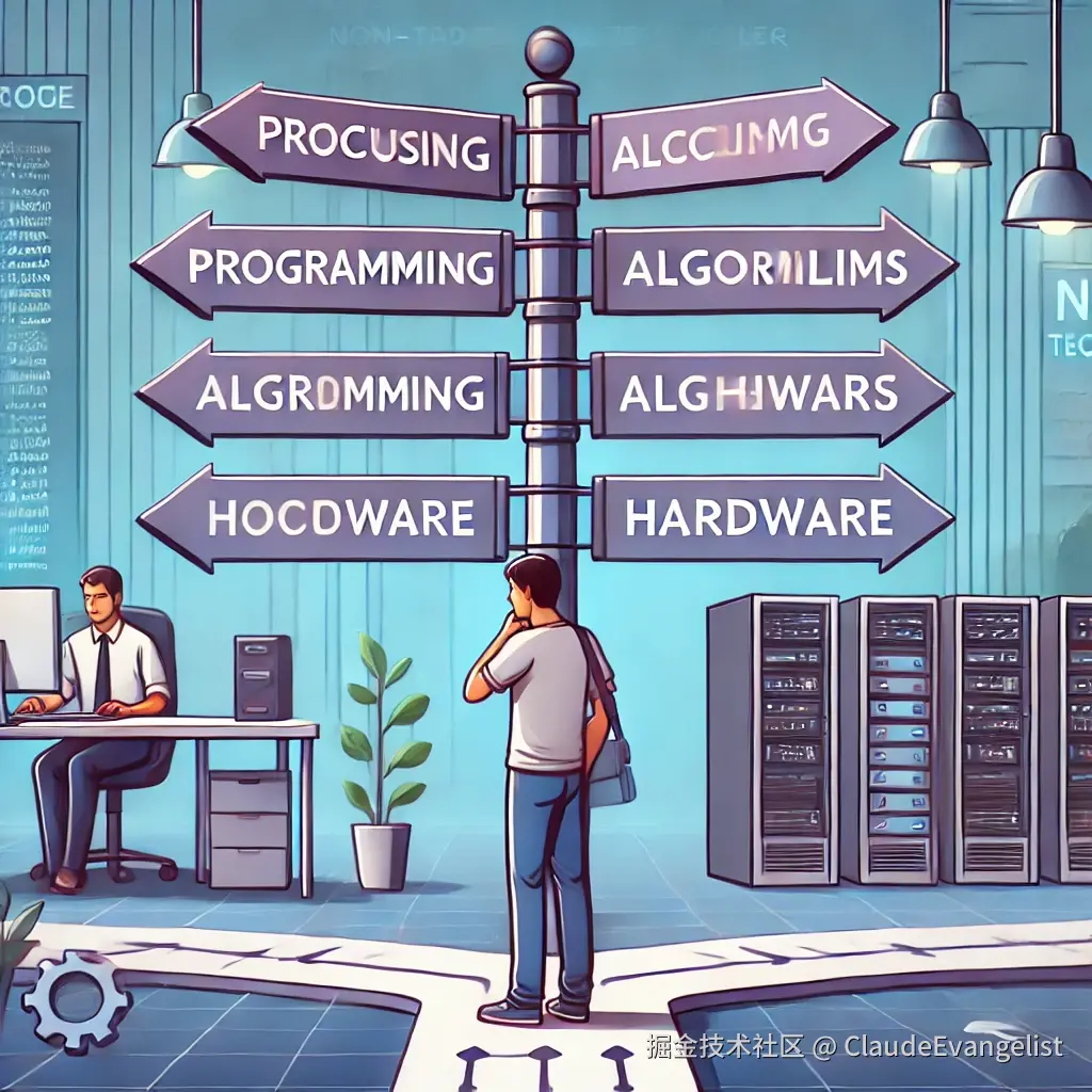 DALL·E 2024-10-15 21.40.06 - An illustration showing a non-traditional technology worker narrowing their focus in stages. The person is standing at a crossroad where different tec.webp