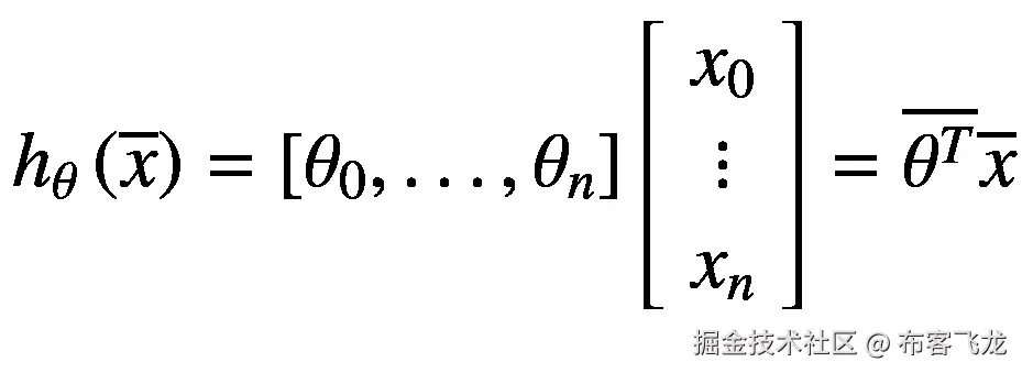 {h}_{\theta}\left(\overline{x}\right)=\left[{\theta}_0,\dots, {\theta}_n\right]\left[\begin{array}{c}{x}_0\\ {}\vdots \\ {}{x}_n\end{array}\right]=\overline{\theta^T}\overline{x}