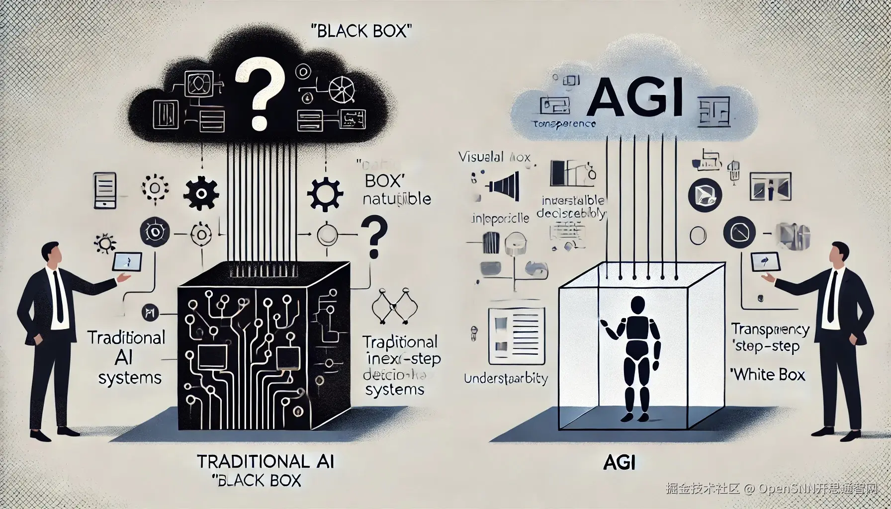 DALL·E 2024-06-20 13.32.45 - A minimalist illustration comparing traditional AI's 'black box' nature with AGI's 'white box' transparency. On the left side, a dark, opaque black bo.jpg