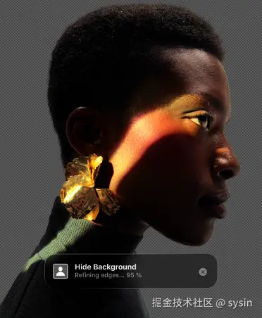 人物侧脸，展示 Pixelmator Pro 的背景移除工具。