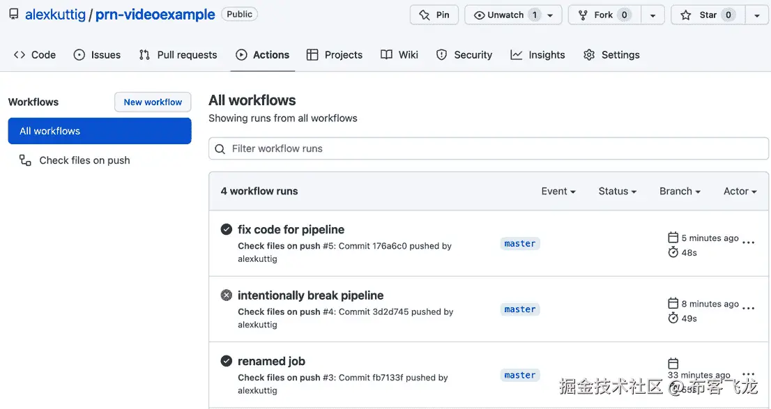 图 11.5 – GitHub Actions 中的工作流程运行