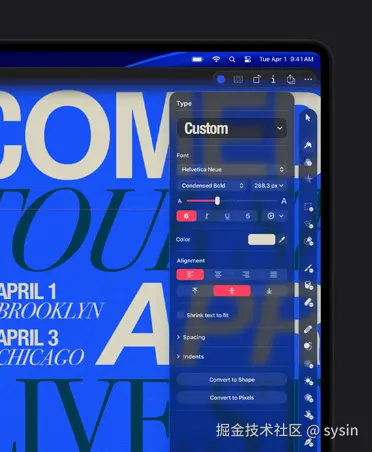 16 英寸 MacBook Pro 屏幕展示 Comedy Tour 海报图像，以及自定义样式工具。