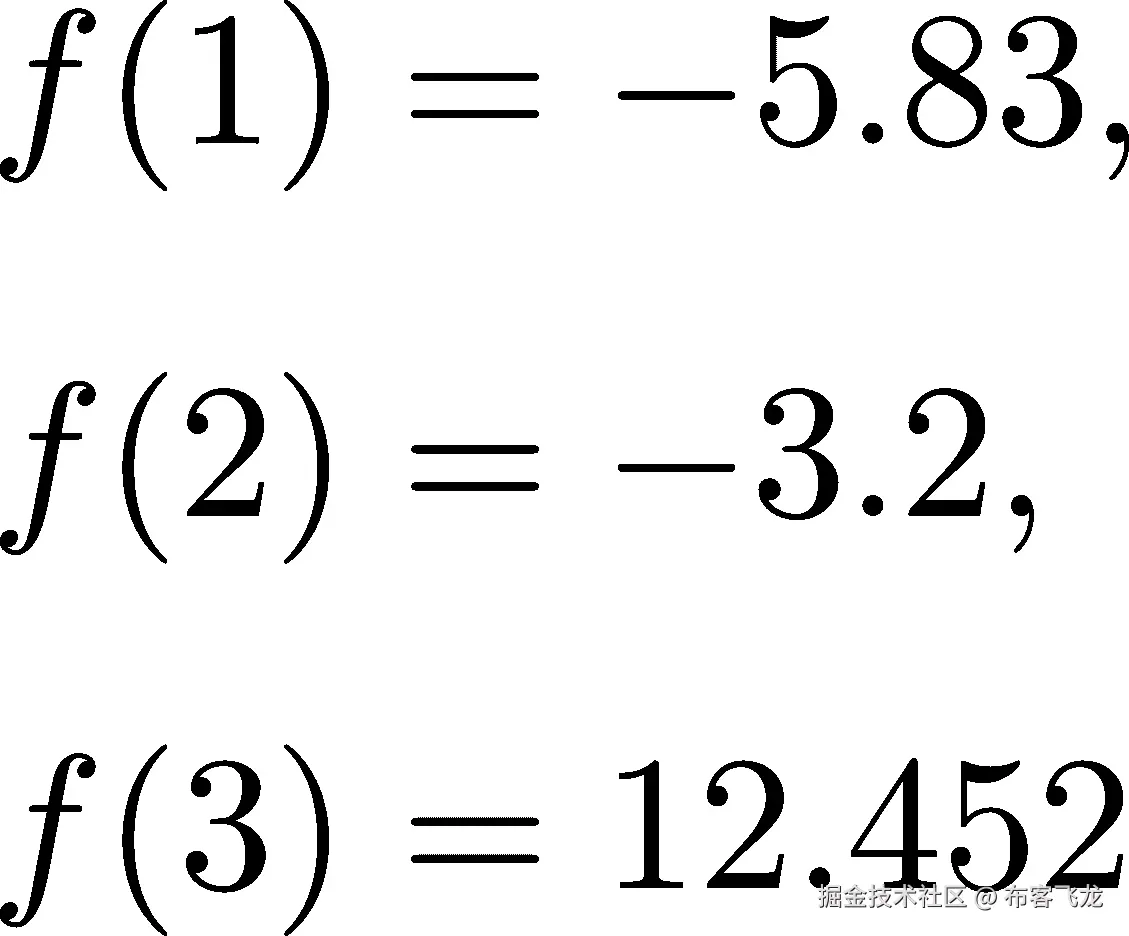 f(1) = − 5.83, f(2) = − 3.2, f(3) = 12.452 