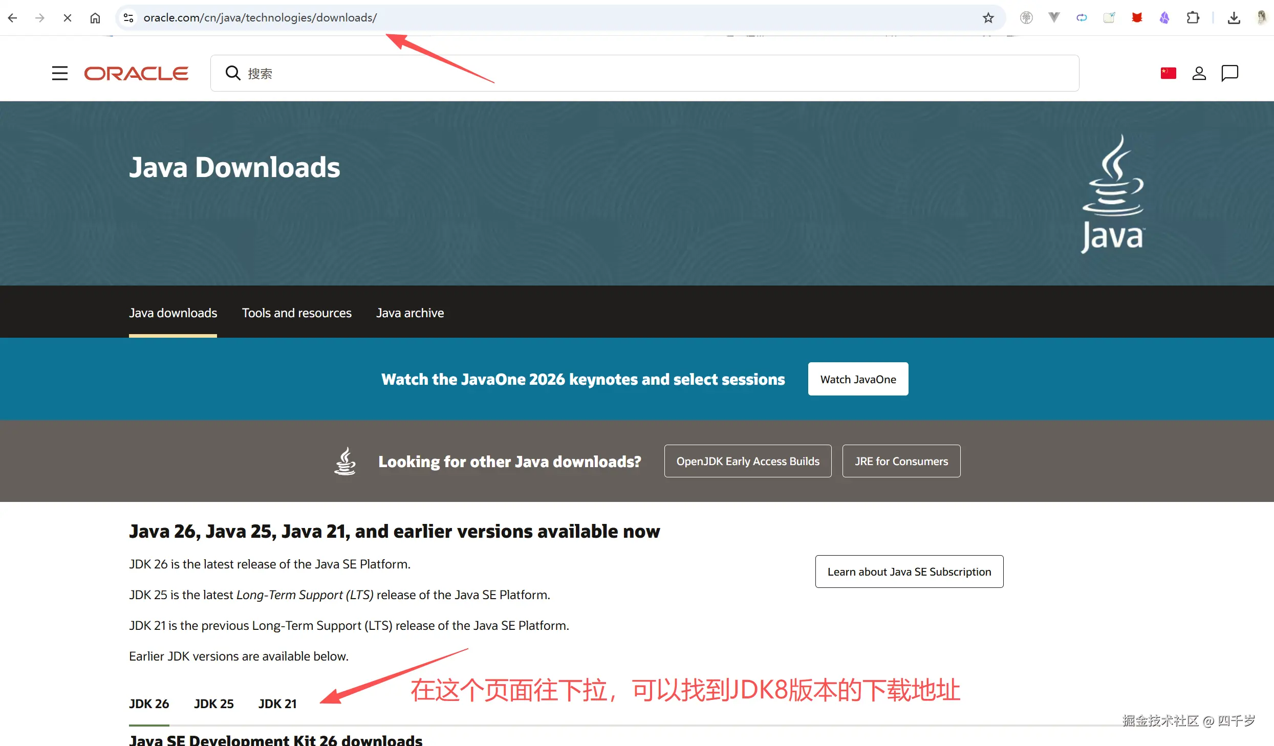 往下拉找到 JDK8 版本的下载地址