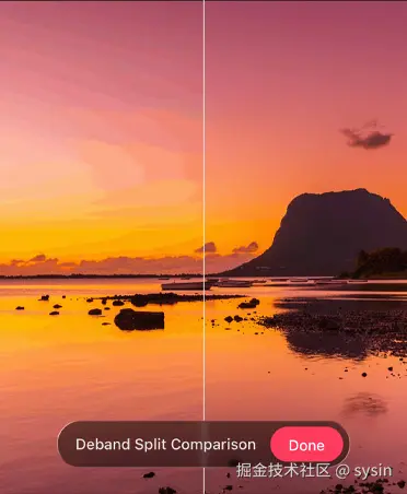 日落沙滩的照片，照片底部显示去色带工具。