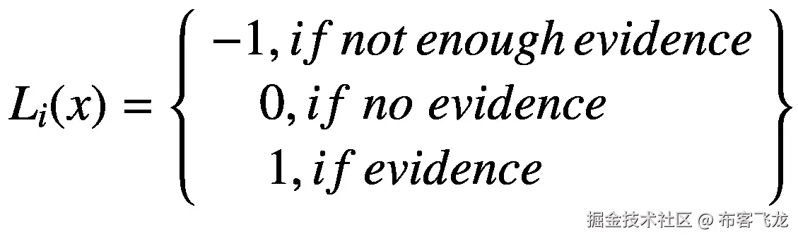 {L}_i(x)=\left\{\begin{array}{l}-1, if\kern0.17em not\kern0.17em enough\kern0.17em evidence\\ {}\kern0.96em 0, if\; no\; evidence\\ {}\kern1.08em 1, if\kern0.17em evidence\;\end{array}\right\}