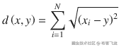 d\left( x, y\right) = {\displaystyle \sum_{i=1}^N}\sqrt{{\left({x}_i- y\right)}²}