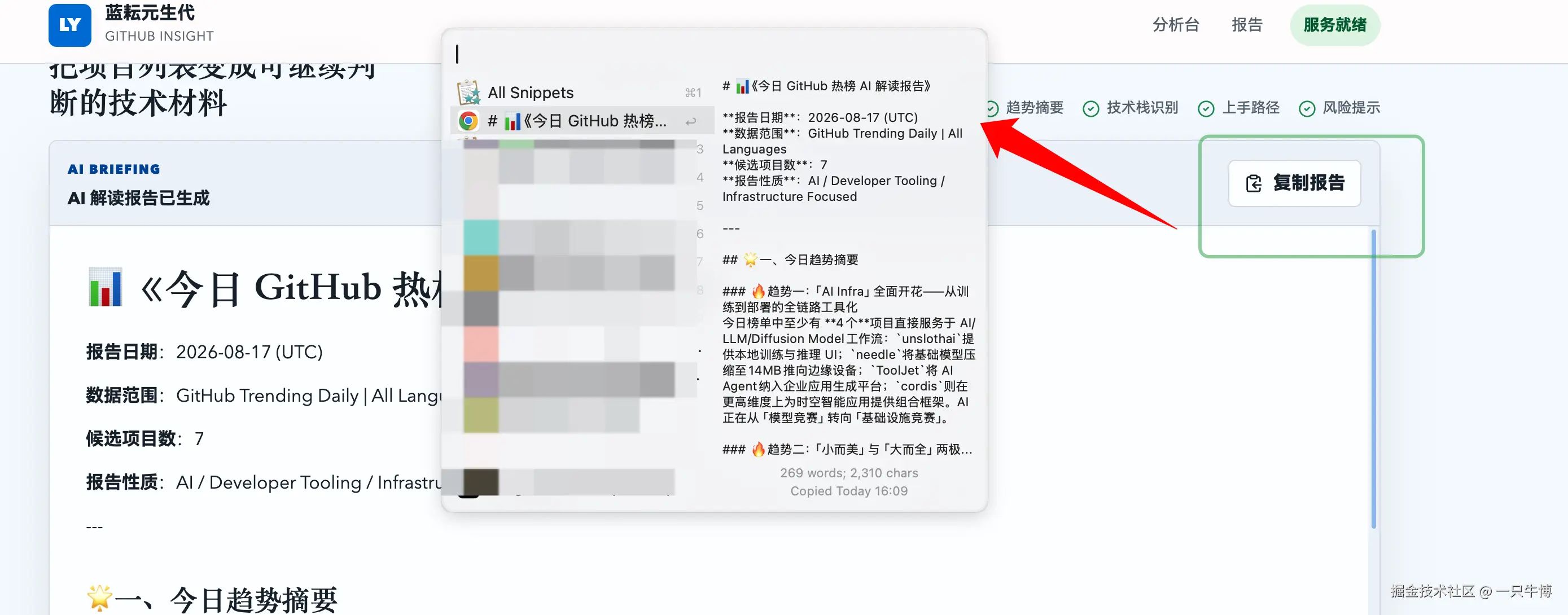 复制生成的 Markdown 报告