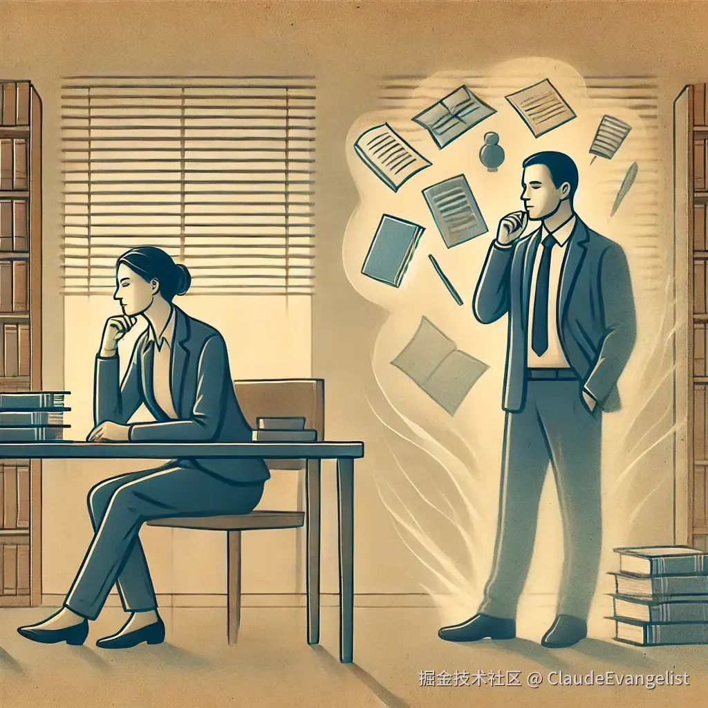 DALL·E 2024-12-06 00.08.42 - An illustration of a professional setting where a quiet, thoughtful person is sitting at a desk, surrounded by books and papers, deep in thought. Anot.webp