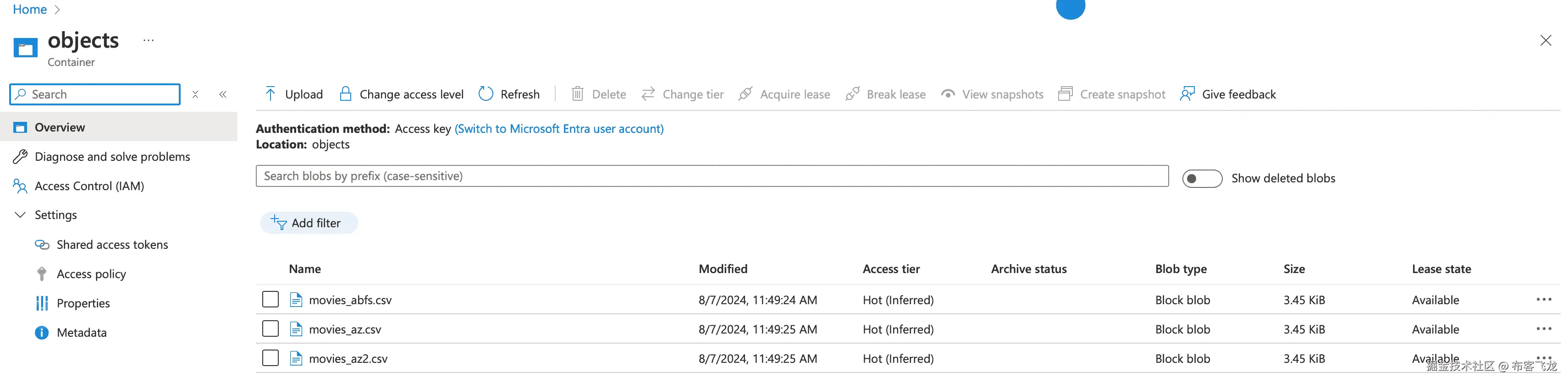 图 4.8：movies_abfs.csv、movies_az.csv 和 movie_az2.csv 成功写入 Azure Blob 存储，使用 pandas