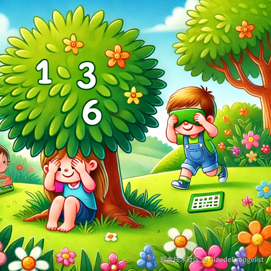 DALL·E 2024-12-24 14.03.21 - An illustration depicting a cheerful scene of children playing hide and seek in a vibrant green garden. One child is hiding behind a tree, peeking out.webp