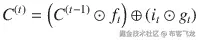 {C}^{(t)}=\left({C}^{\left(t-1\right)}\odot {f}_t\right)\oplus \left({i}_t\odot {g}_t\right)