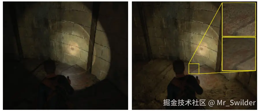 图11.32：游戏《神秘海域4》使用了反射阴影贴图来提供来自玩家手电筒的间接光照。左边的图像展示了没有间接光照的场景，右边的图片中则启用了间接光照。右侧小插图则展示了未启用时域过滤（上），以及启用了时域过滤（下）的特写画面。它用于增加每个图像像素所使用VPL的有效数量。