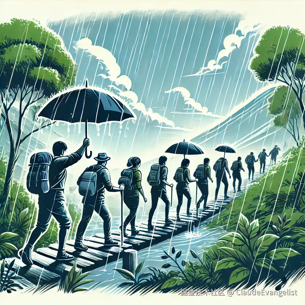 DALL·E 2024-12-11 23.13.57 - An illustration showing a rainy hiking scene with a group of people hiking on a trail despite the rain. Some people hold umbrellas, and others wear ra.webp